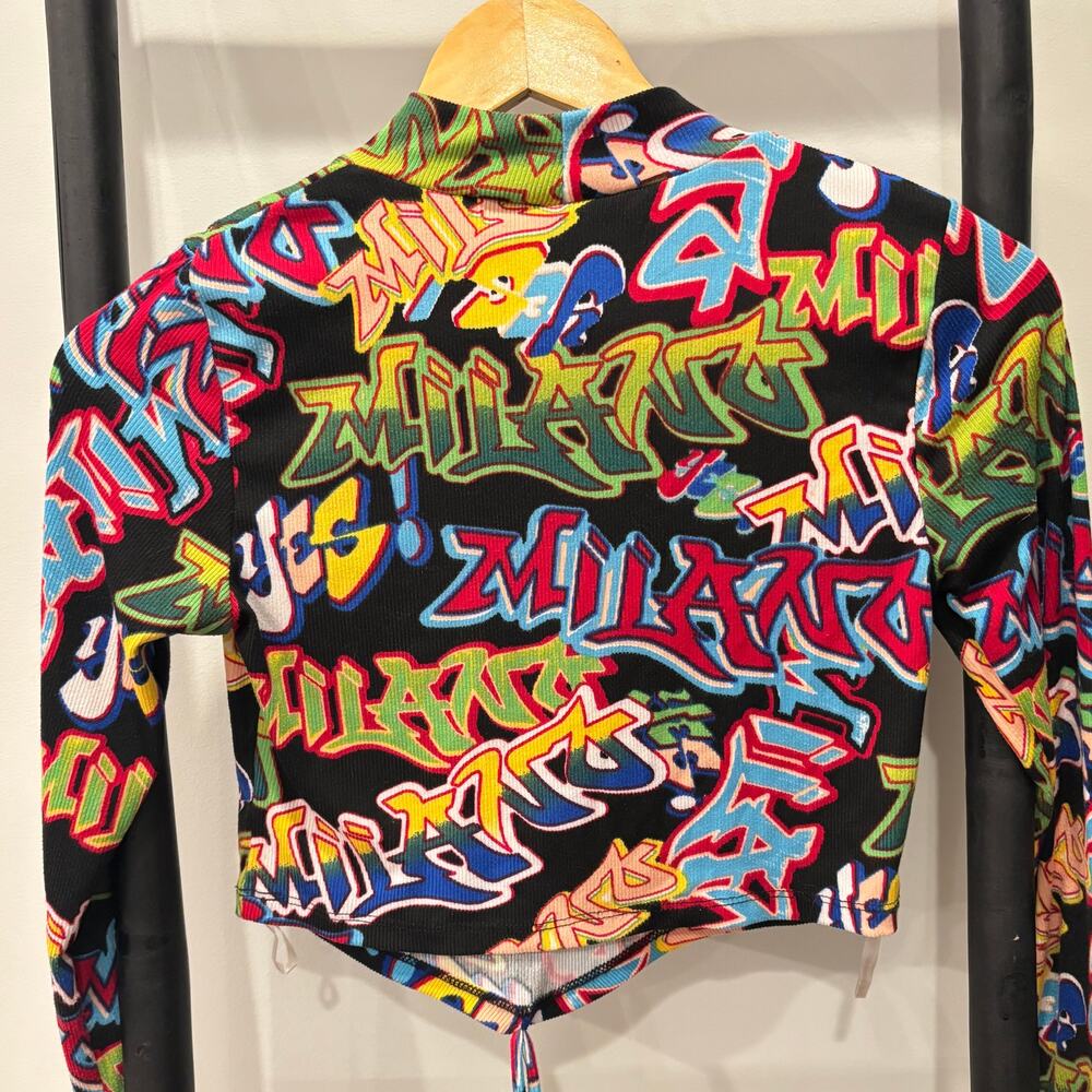 Y2K Graffiti Print Long Sleeve Crop Top - Just Polly NY - Streetwear Clubwear M - Picture 3 of 5